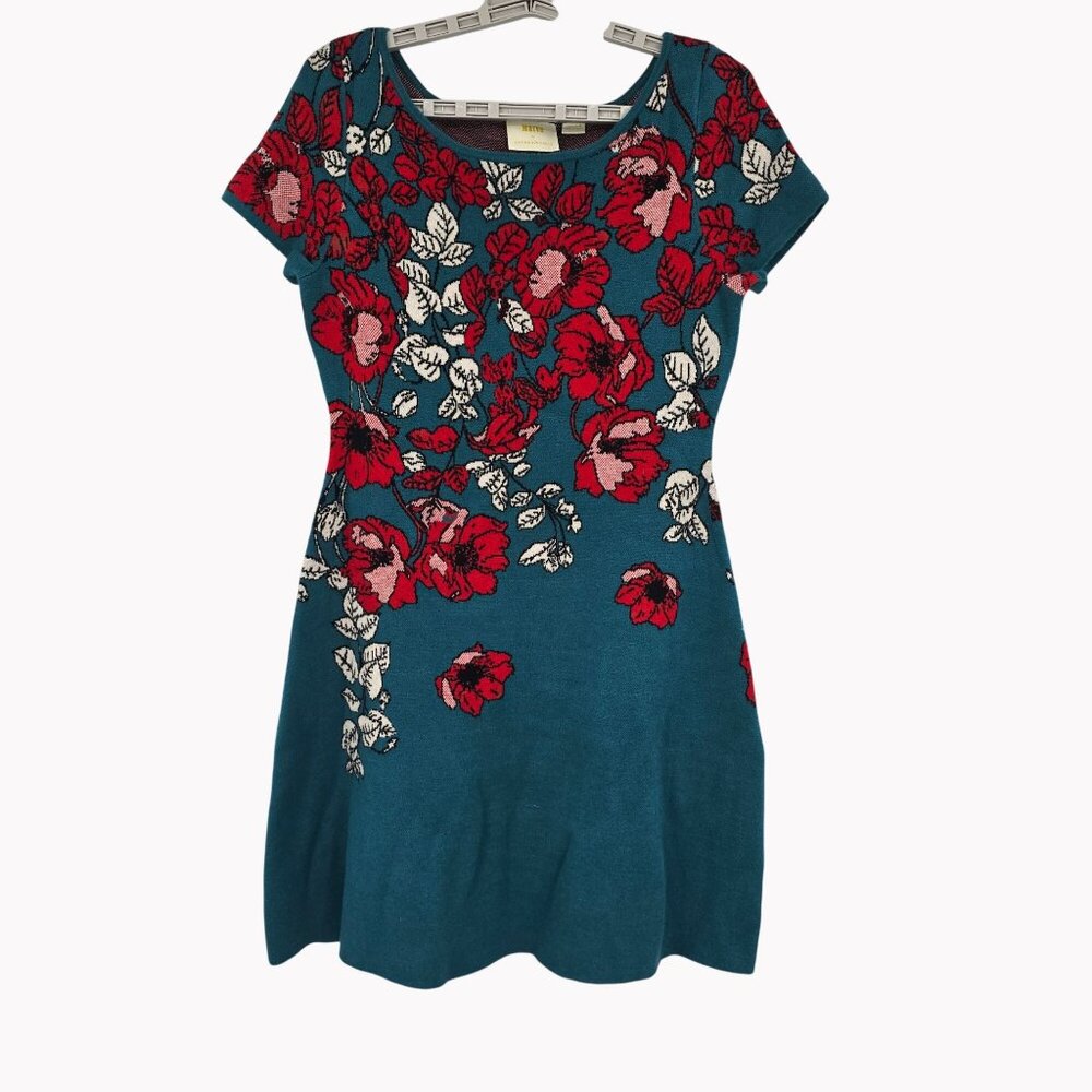 Anthropologie Maeve Medium Allison Floral Knit Sweater Dress Teal